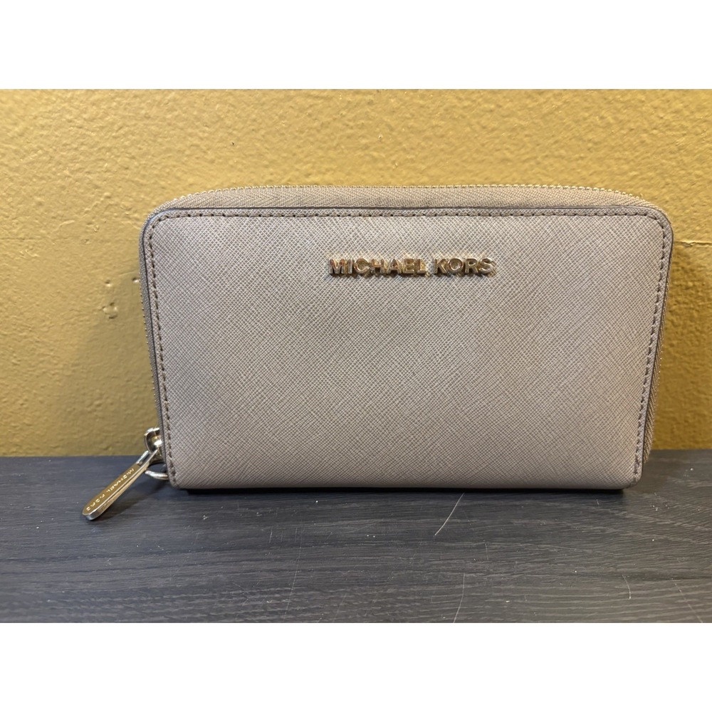 Michael Kors Gray Saffiano Leather Zip-Around Wallet Card ID Slots